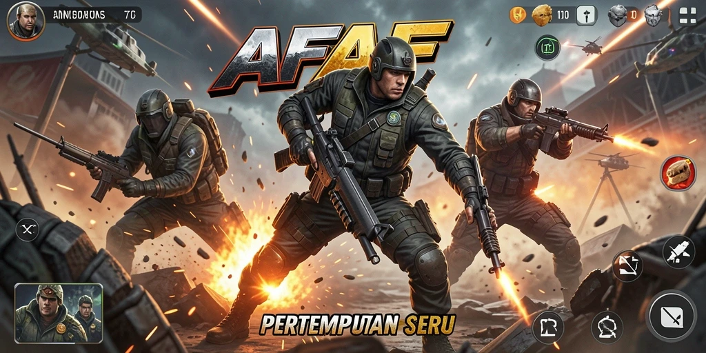 Screenshot utama AFAF menampilkan aksi seru di medan perang.