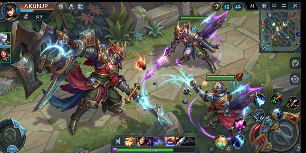 Screenshot permainan AKUNJP dengan tampilan action MOBA yang seru.