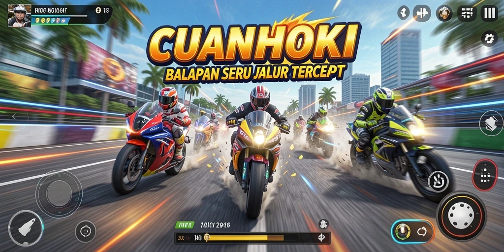 Tangkapan layar CUANHOKI yang menampilkan balapan yang penuh aksi.