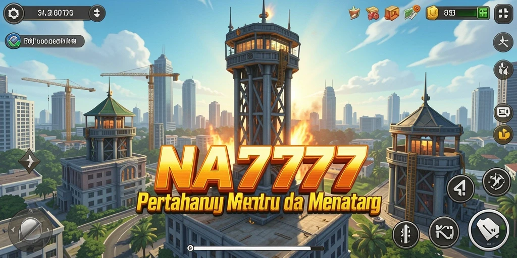 Screenshot gameplay NA777 menampilkan aksi menara bertahan melawan gelombang musuh.