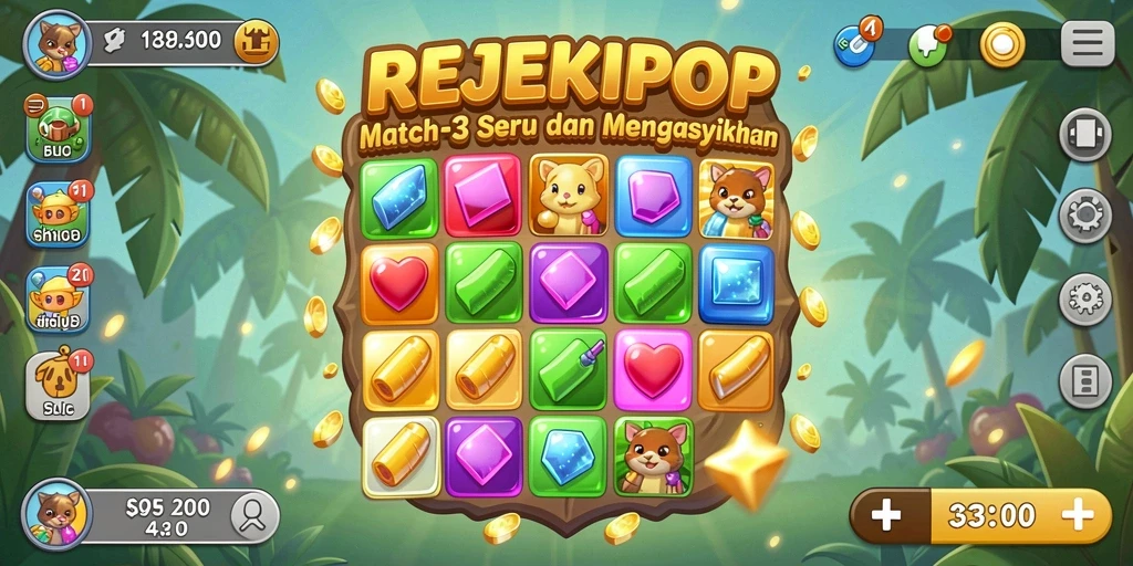 Screenshot utama gameplay REJEKIPOP dengan tampilan penuh warna.